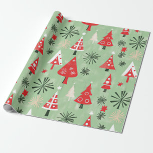 Red Green Retro Christmas Trees Wrapping Paper