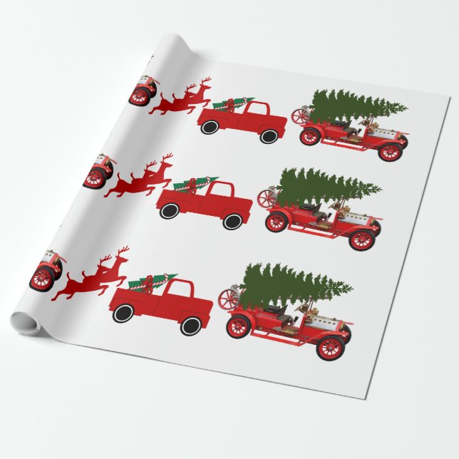 Red Green Retro Truck Reindeer Christmas Cargo  Wrapping Paper (Unrolled)