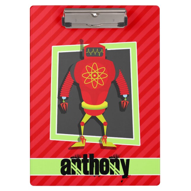 Red & Green Robot; Scarlet Red Stripes Clipboard (Front)