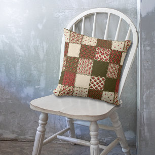 Red Green Roses Patchwork Quilt Pattern Throw Pillow