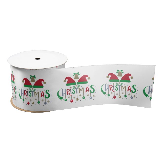 Red Green Santa Hat Christmas Bells Satin Ribbon (Spool)