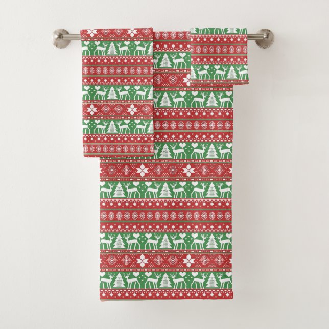 Red & Green Scandinavian Nordic Festive Christmas Bath Towel Set (Insitu)