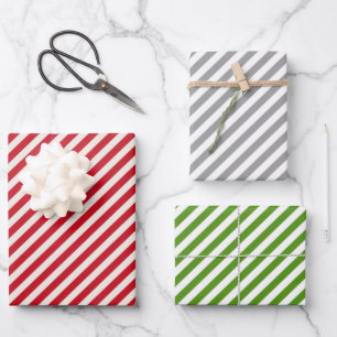 Red Green Silver Striped Christmas Wrapping Paper Sheet
