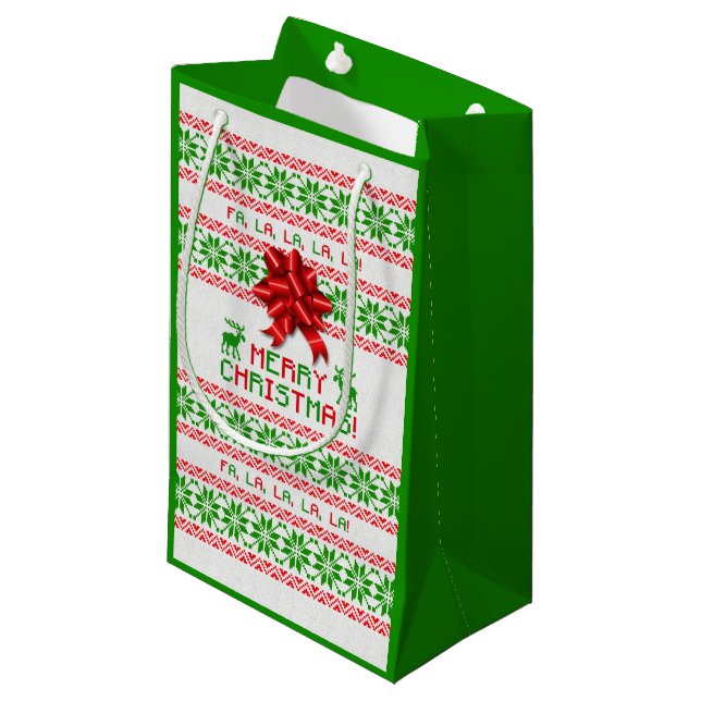 Red Green Snowflake Bow Ugly Christmas Sweater Small Gift Bag (Front Angled)