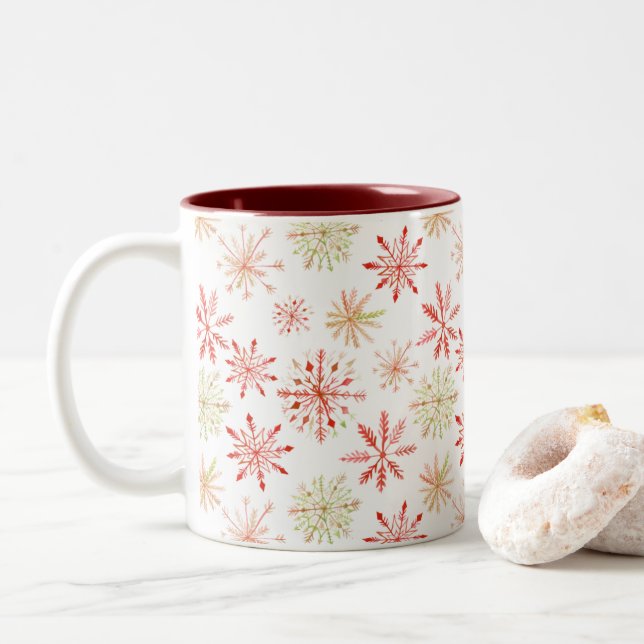 Red Green Snowflake Pattern Mugs (With Donut)