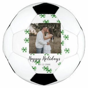 red green snowflakes text photo merry christmas soccer ball