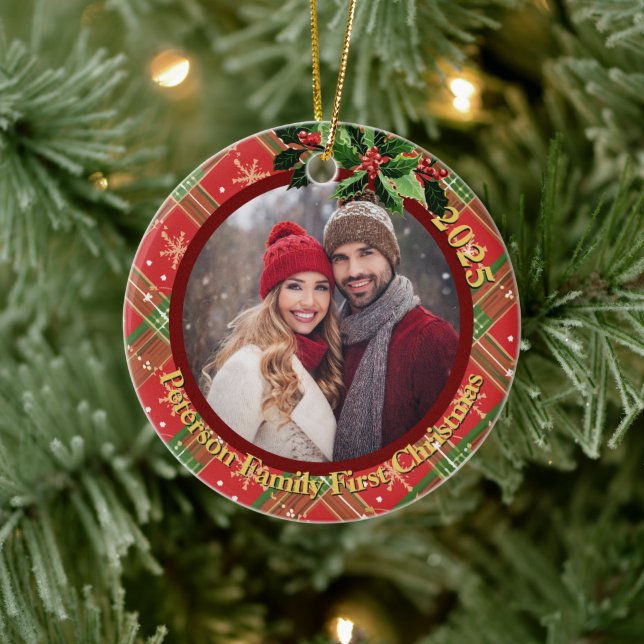 Red Green Stars Plaid | Our First Christmas Photo Ceramic Ornament (Tree)