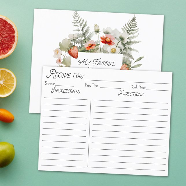 Red Green Strawberry Flower Leaves Recipe Card (Close up)