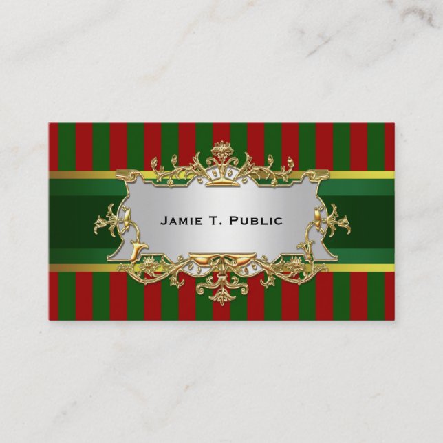 Red Green Stripe, Green & Gold Ribbon, Gold Label Business Card (Front)