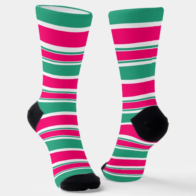 Red -green striped horizontal pattern socks (Angled)