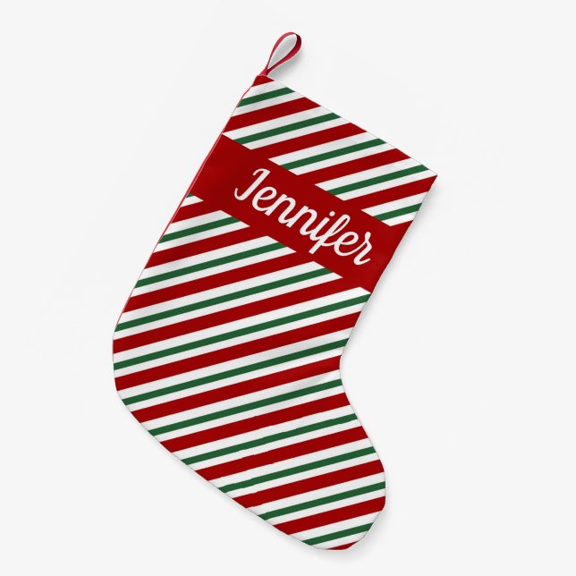 Red Green Striped Pattern Small Christmas Stocking (Front (Hanging))