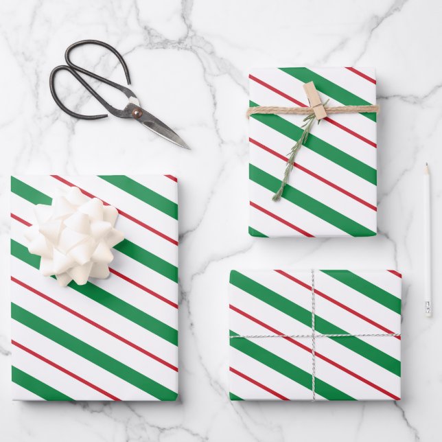 Red & green stripes Christmas wrapping paper (Front)