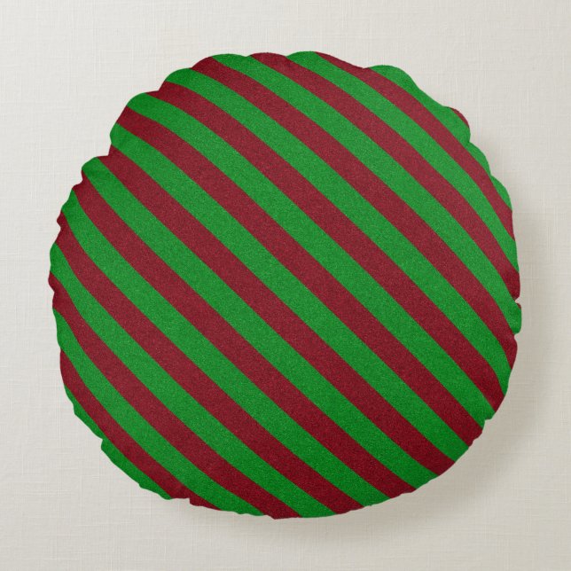 Red & Green Stripes Glitter Round Pillow (Front)