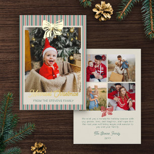 Red Green Stripes Gold Bow Merriest Christmas Foil Holiday Card