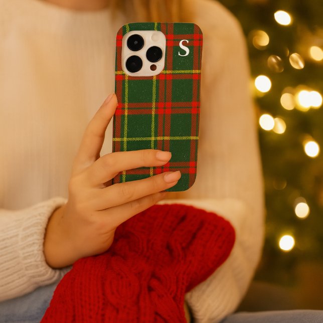 Red Green Tartan Plaid with Monogram  Case-Mate iPhone Case (The perfect stocking stuffer a red and green tartan plaid Iphone case with monogram )