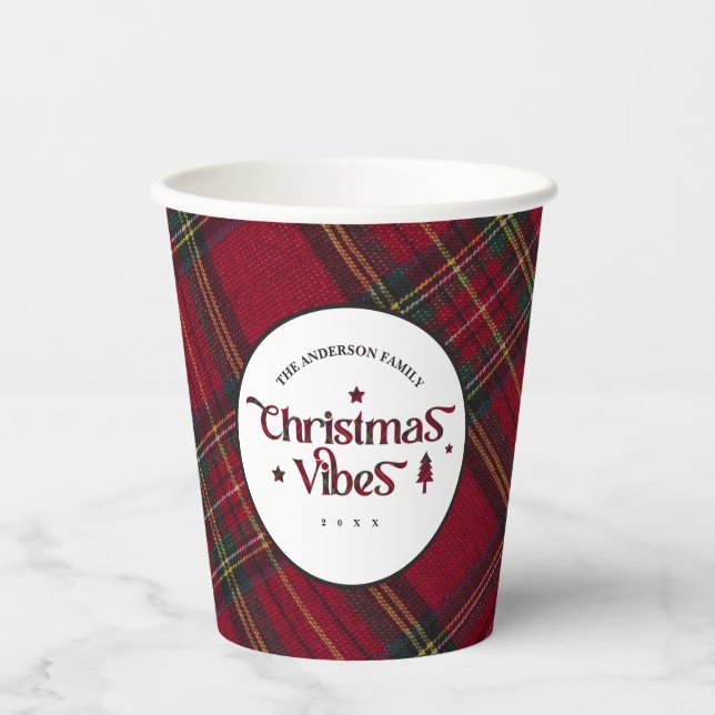 Red & Green Tartan Wonderland: Christmas Vibes Paper Cups (Front)