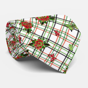 Red Green Tattoo Rose Skull Butterflies Plaid Tie