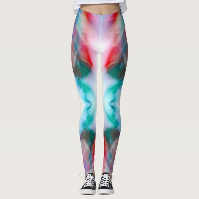 Red green teal white bokeh streaks abstract photo leggings (Front)