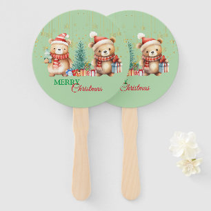 Red Green teddy Bear Santa Merry Christmas Party Hand Fan