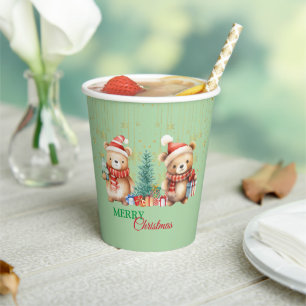 Red Green teddy Bear Santa Merry Christmas Party Paper Cups