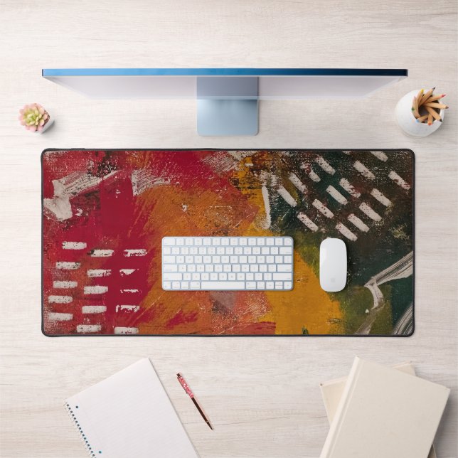 Red & Green Textures, A Gel Print Abstract Desk Mat (Office 1)