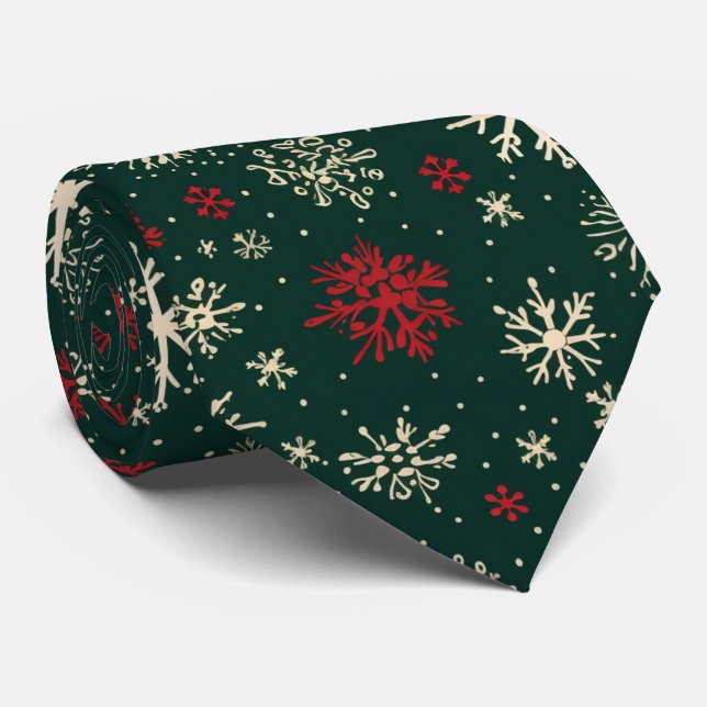 red green tiled pattern Christmas snowflakes  Tie (Rolled)