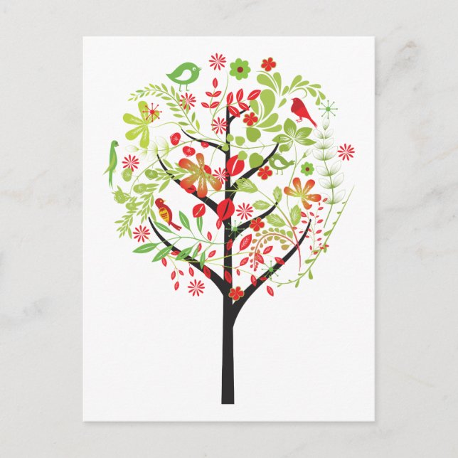 Red green tree and cute birds postcard (Front)