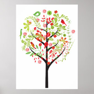 Red green tree and cute birds poster print