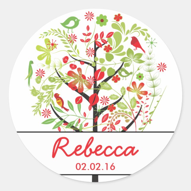 Red Green Tree of Life Birds Bat Mitzvah Classic Round Sticker (Front)