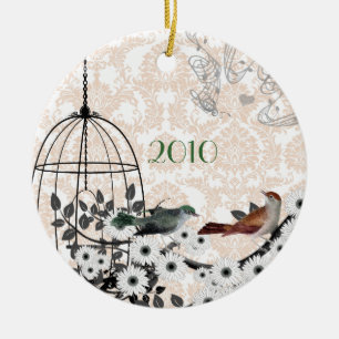 Red & Green Vintage Birds & Bird Cage on Damask Ceramic Ornament