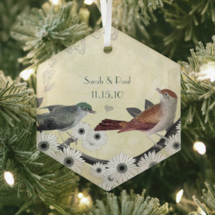 Red & Green Vintage Birds on Blooming Branch Glass Ornament