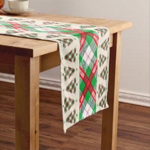 Red Green Vintage Christmas Tree Plaid Pattern Short Table Runner