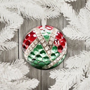 Red Green Vintage Faux Diamond Jewel Gem Initial Metal Ornament