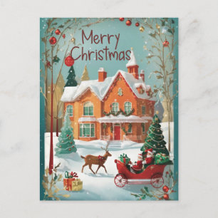 Red Green Vintage Santa Sleigh Christmas Postcard