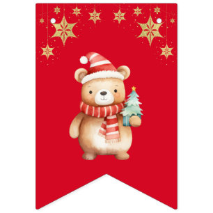 Red Green watercolor Bear Merry Christmas Party Bunting Flags