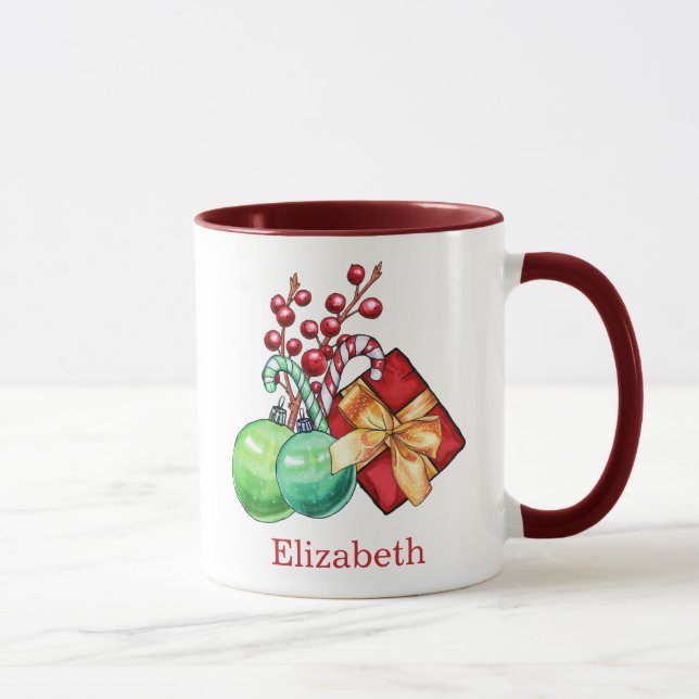 Red Green Watercolor Christmas Gift Coffee Mug (Right)