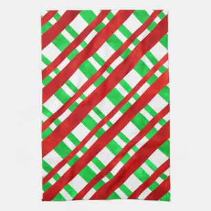 Red Green Watercolor Diagonal Plaid  Kitchen Towel