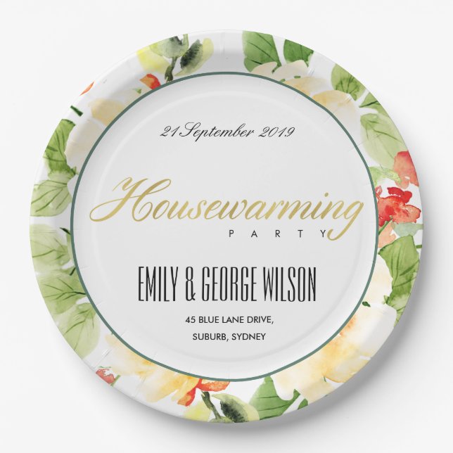 RED GREEN WATERCOLOR FLORAL GOLD HOUSEWARMING PAPER PLATE (Front)