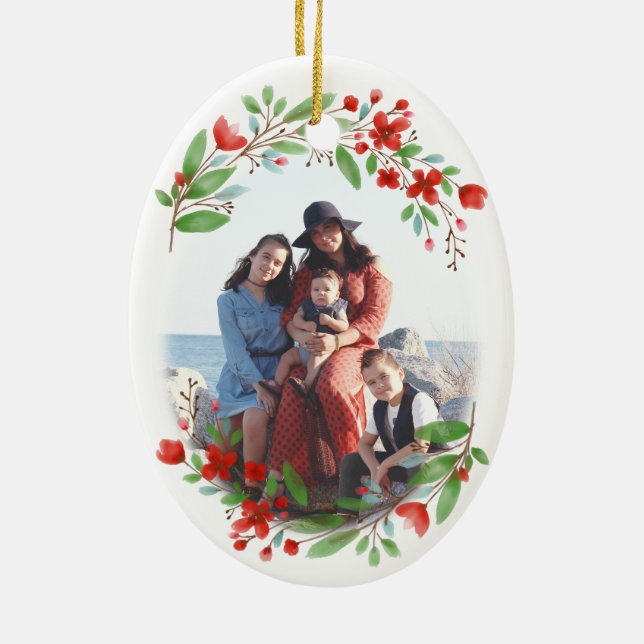 Red & Green Watercolor Floral Noël Photo Christmas Ceramic Ornament (Back)