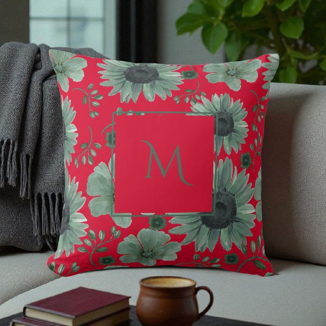 Red Green Watercolor Floral Script Throw Pillow (Creator Uploaded)