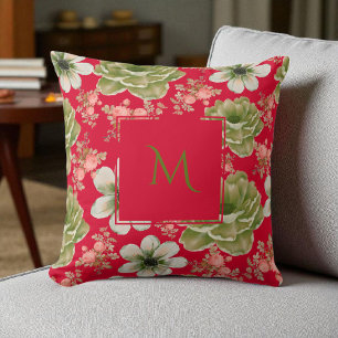 Red Green Watercolor Floral Script Throw Pillow