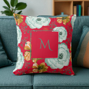 Red Green Watercolor Floral Script Throw Pillow