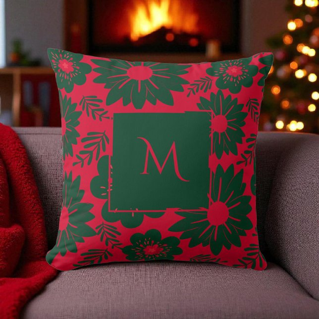 Red Green Watercolor Floral Script Throw Pillow (Creator Uploaded)