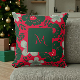 Red Green Watercolor Floral Script Throw Pillow