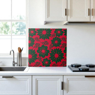 Red Green Watercolor Floral Tile