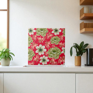 Red Green Watercolor Floral Tile