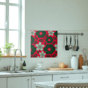 Red Green Watercolor Floral Tile
