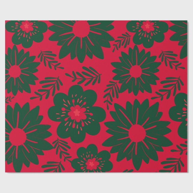 Red Green Watercolor Floral  Wrapping Paper (Flat)