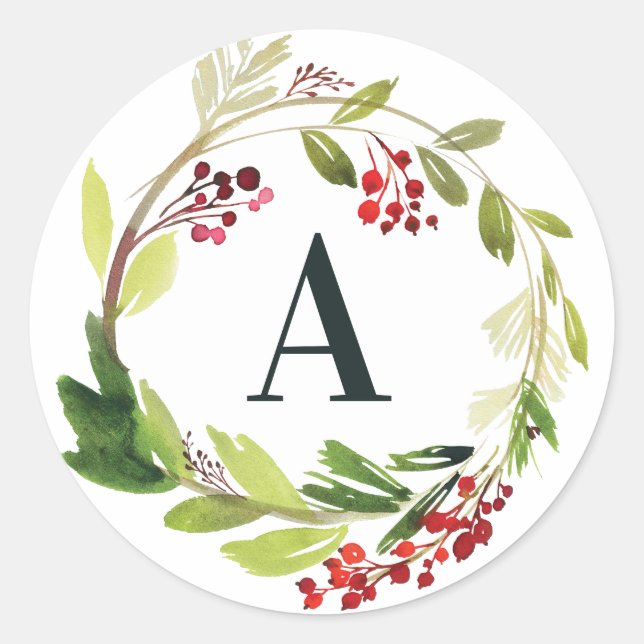 Red + green watercolor foliage initial Christmas Classic Round Sticker (Front)