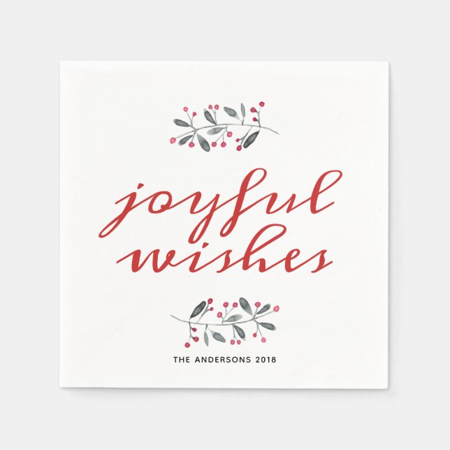 Red & Green Watercolor Holly Branch Holiday Napkin (Front)